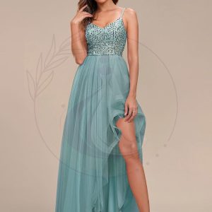 Robe de soirée A-Line en tulle haut-bas à sequins et bretelles fines