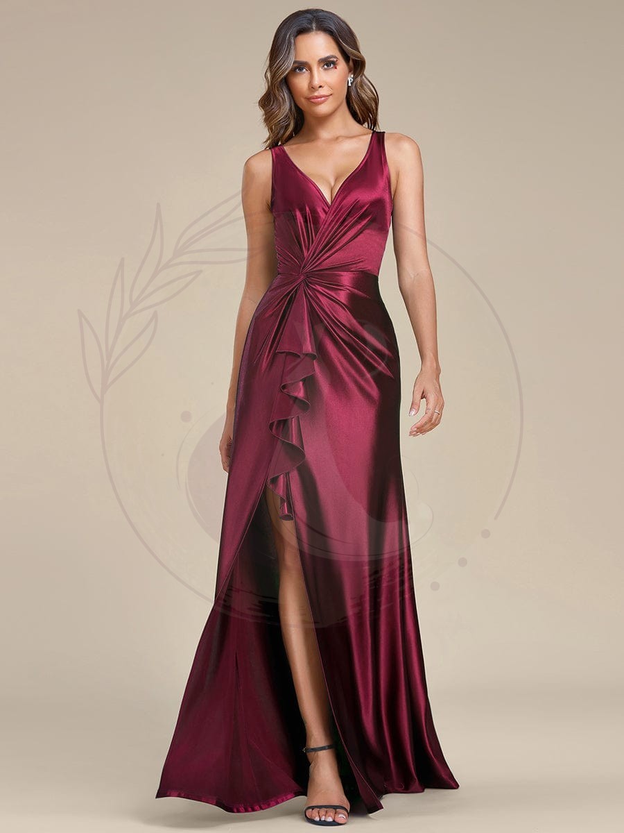 Robe de soirée en satin plissée à col en V et à fente haute pour bal – Image 3