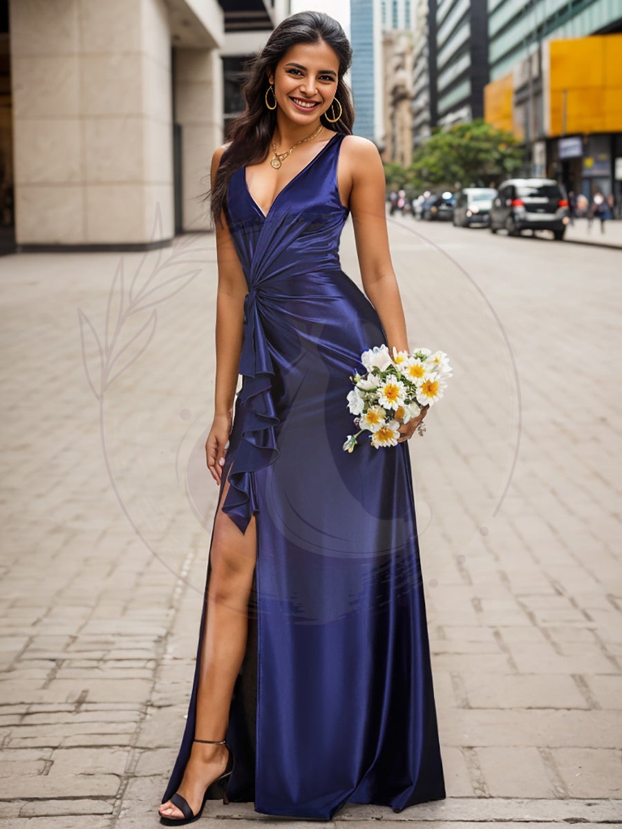 Robe de soirée en satin plissée à col en V et à fente haute pour bal