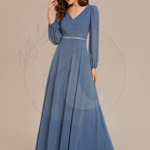 Robe de soirée plissée en mousseline de soie double col en V manches longues ceinture brillante