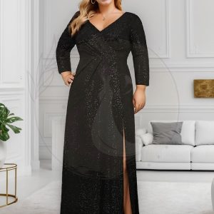 Grande taille Robe de soirée scintillante à manches longues et col en V double