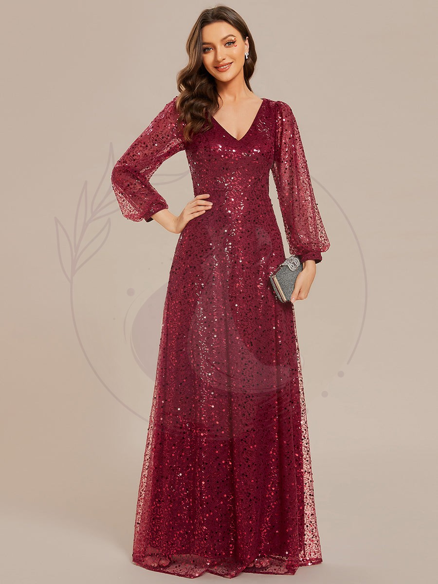 Robe de soirée trapèze à paillettes col en V manches longues et paillettes