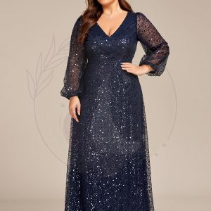Grande taille Robe de soirée trapèze à paillettes col en V manches longues et paillettes