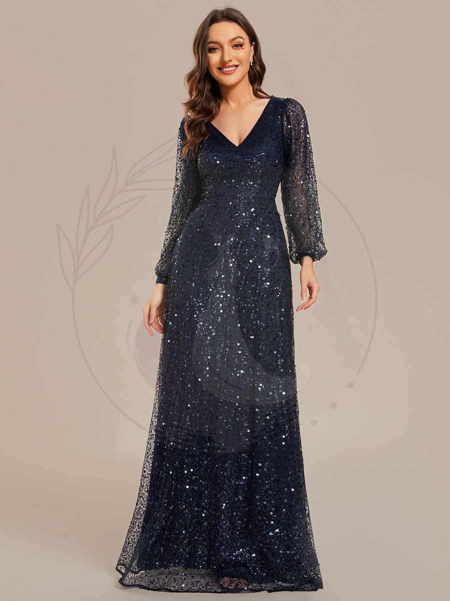 Robe de soirée trapèze à paillettes col en V manches longues et paillettes – Image 3