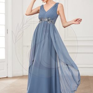 Robe de soirée trapèze en mousseline de soie à col en V et sans manches