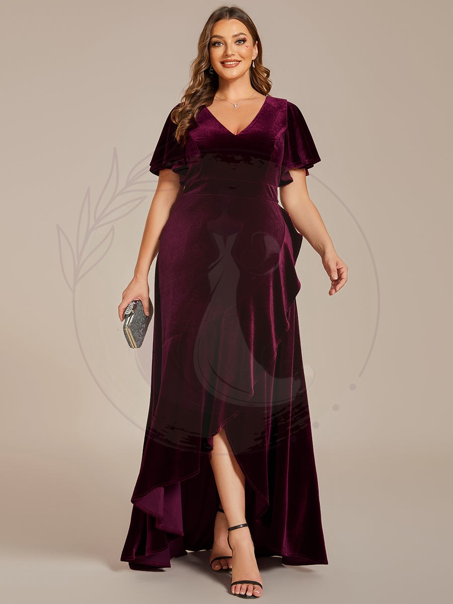 Robe de soirée en velours extensible à double col en V et manches courtes avec ourlet en feuille de lotus – Image 9