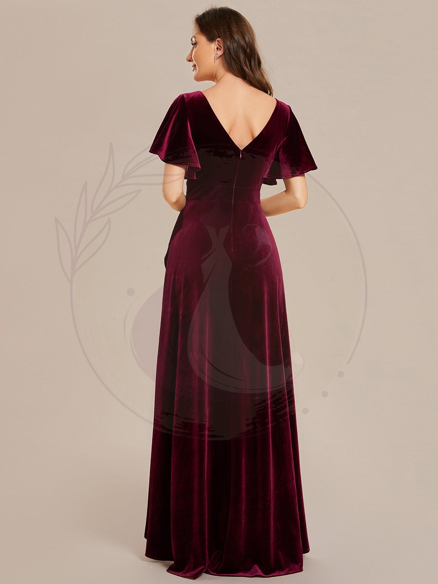 Robe de soirée en velours extensible à double col en V et manches courtes avec ourlet en feuille de lotus – Image 5