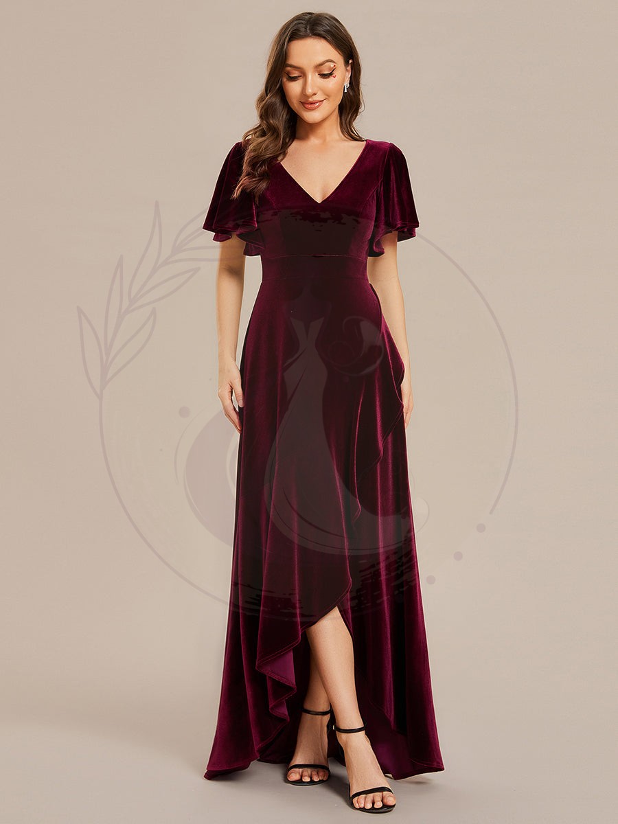 Robe de soirée en velours extensible à double col en V et manches courtes avec ourlet en feuille de lotus – Image 6