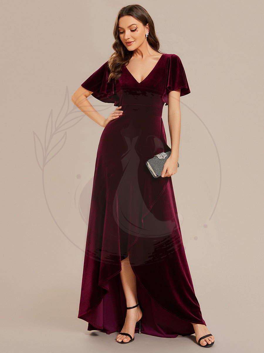 Robe de soirée en velours extensible à double col en V et manches courtes avec ourlet en feuille de lotus – Image 7