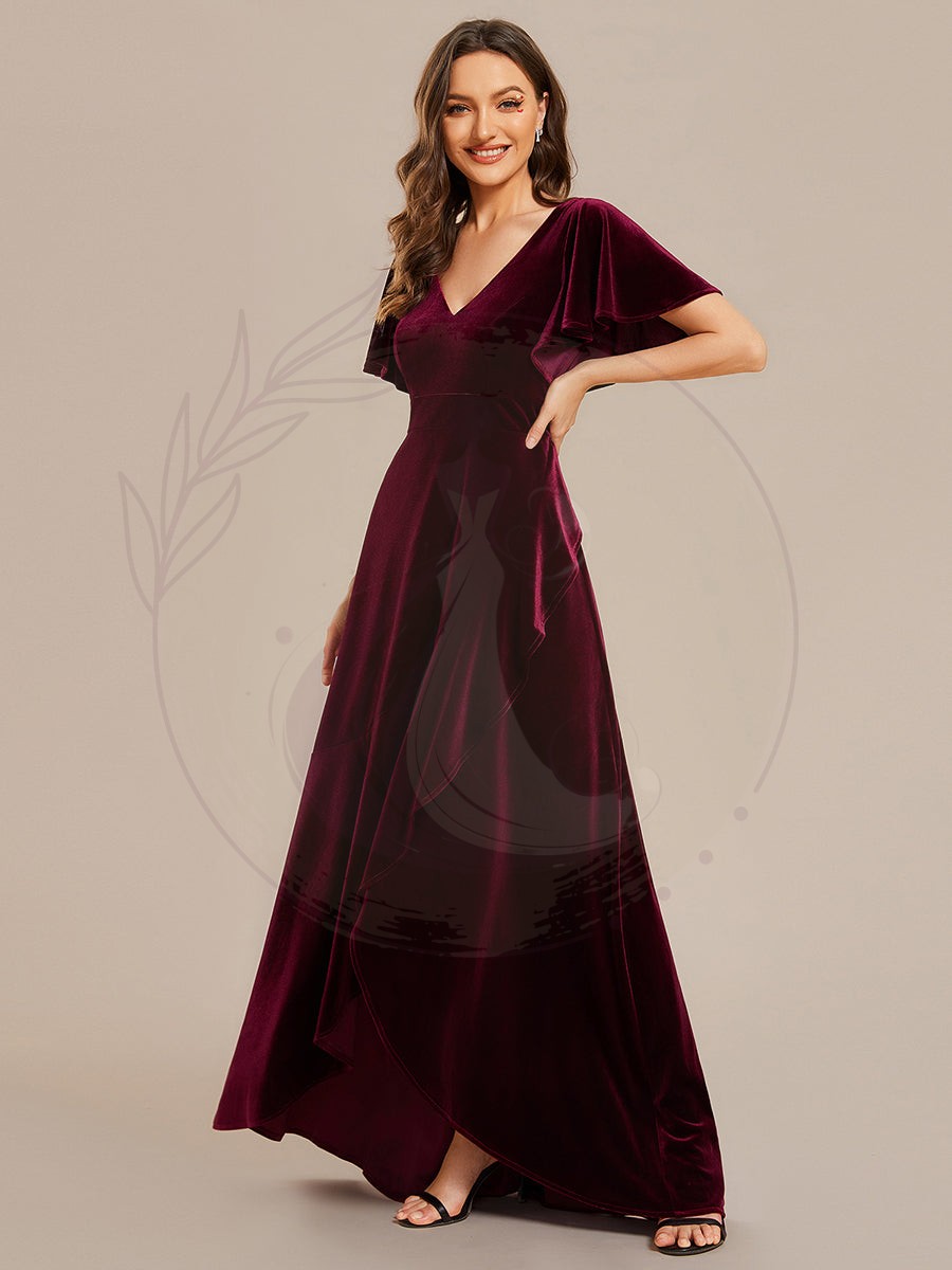Robe de soirée en velours extensible à double col en V et manches courtes avec ourlet en feuille de lotus – Image 8