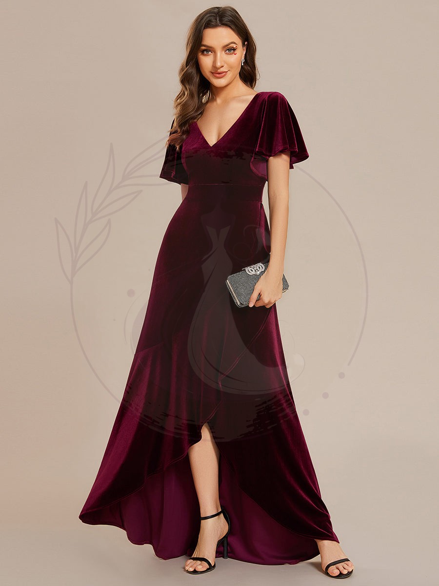 Robe de soirée en velours extensible à double col en V et manches courtes avec ourlet en feuille de lotus