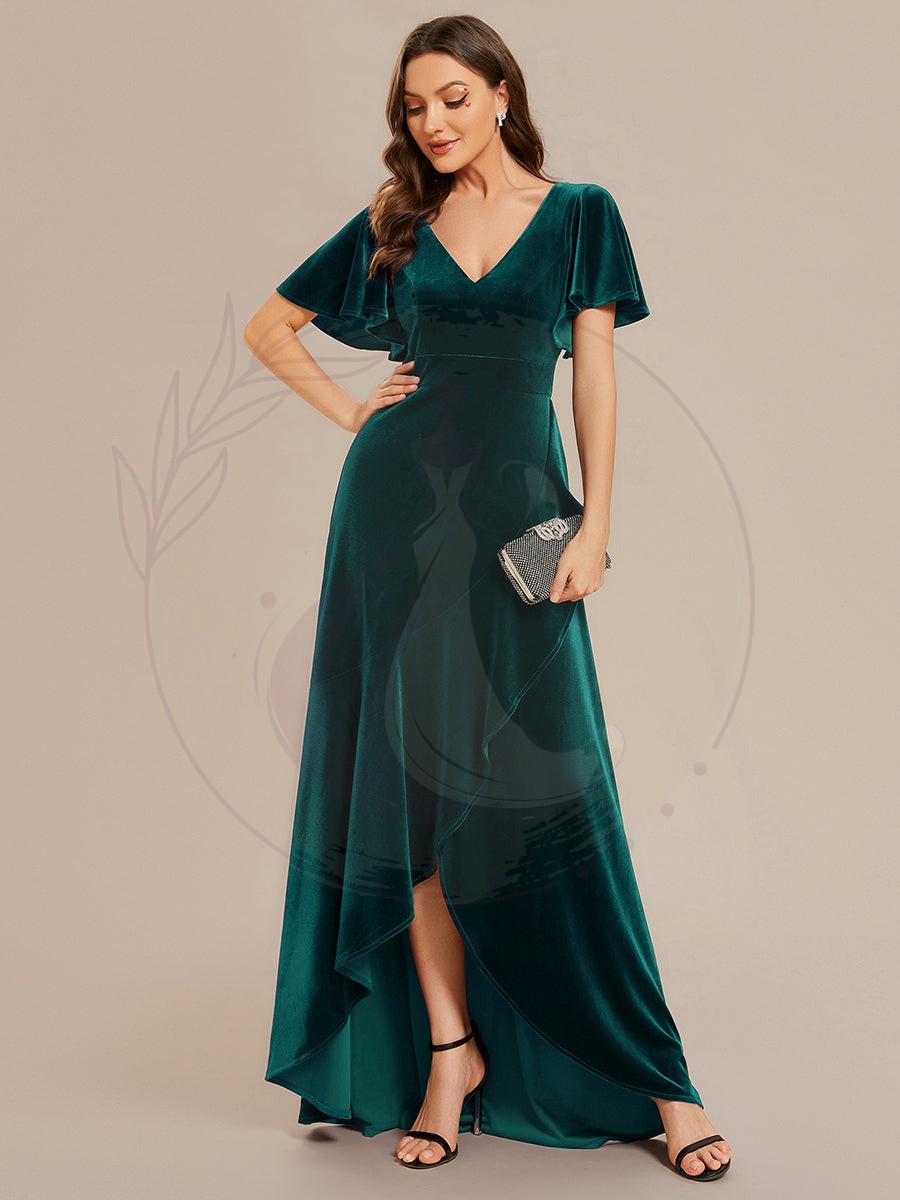 Robe de soirée en velours extensible à double col en V et manches courtes avec ourlet en feuille de lotus – Image 3
