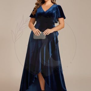 GRANDE TAILLE Robe de soirée en velours extensible à double col en V et manches courtes avec ourlet en feuille de lotus