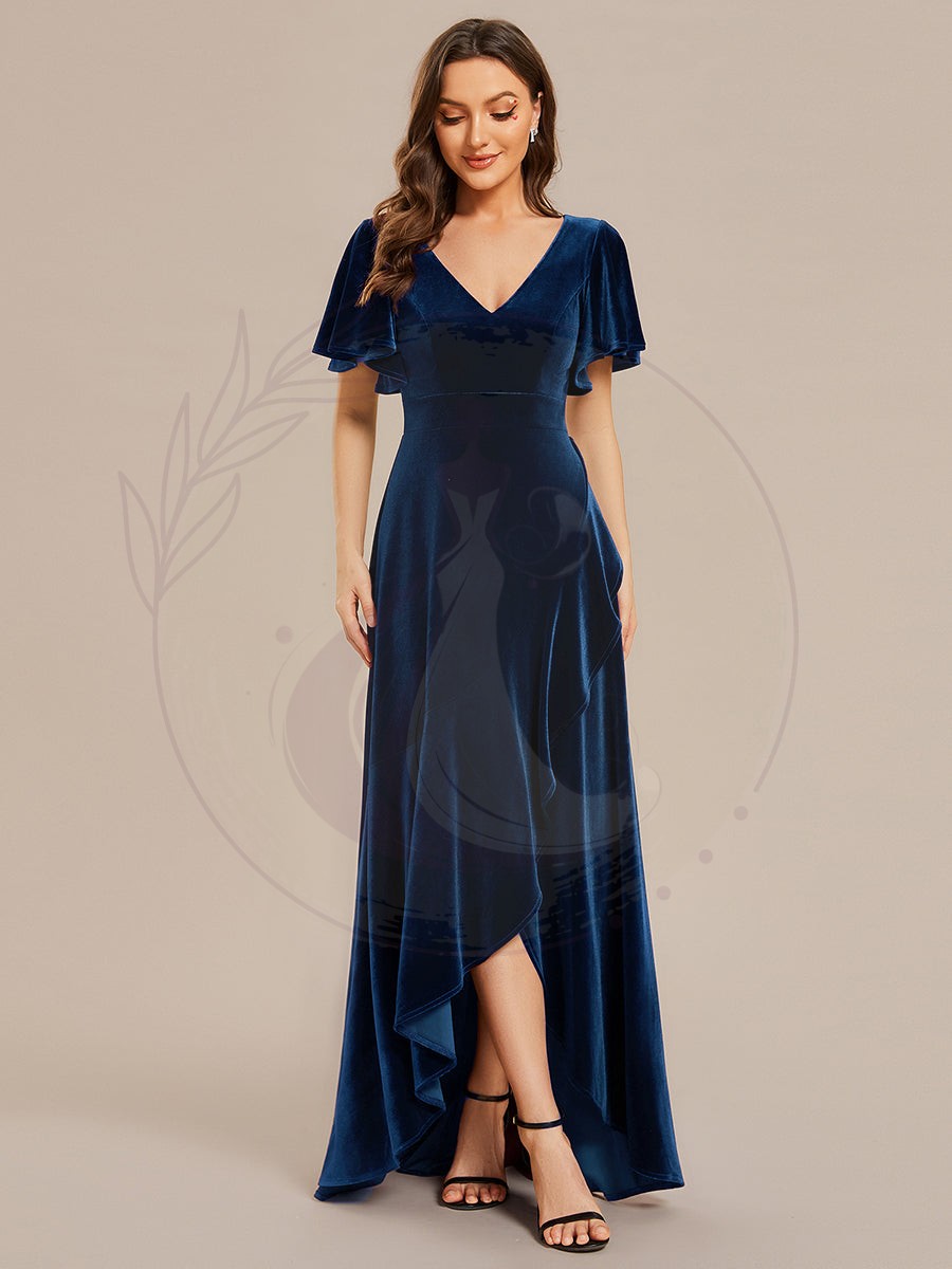 Robe de soirée en velours extensible à double col en V et manches courtes avec ourlet en feuille de lotus – Image 4