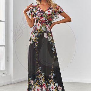 Robe de soirée en mousseline à fleurs et col en V à manches flottantes