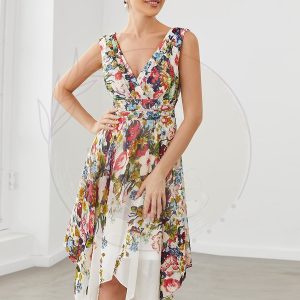 Robe de soirée asymétrique en mousseline imprimée à col en V sans manches