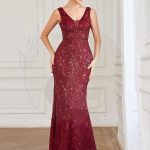 Robe de soirée Sirène à empiècement en sequins et col en V sans manches