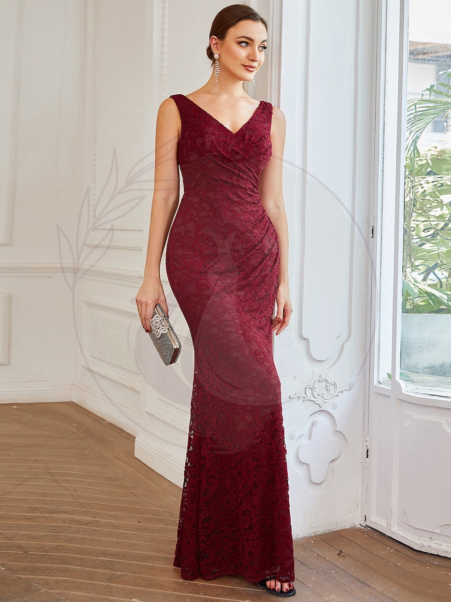 Robe de soirée plissée en dentelle moulante sans manches longueur au sol – Image 6