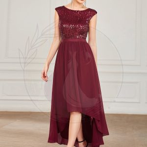 Robe de soirée en mousseline de soie à taille haute et basse avec ruban à sequins sans manches