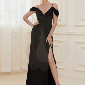 Robe de soirée fendue à épaules dénudées et col en V