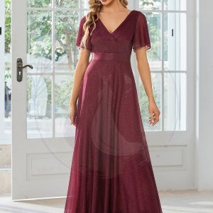 Robe de soirée longue scintillante à col en V et à manches flottantes