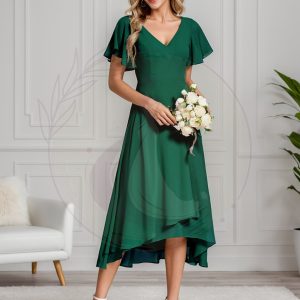 Robe Mariage Invitée haute-basse mousseline col en V Manches à volants