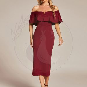 Robe Mariage Invitée moulante à épaules dénudées Longueur du thé