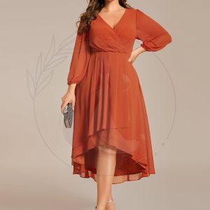 GRANDE TAILLE Robe invité de mariage mi-longue manches longues ourlet asymétrique