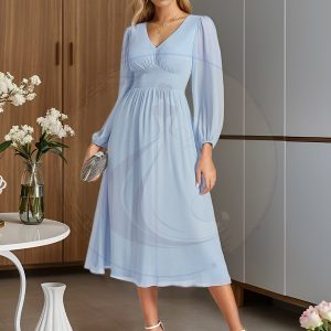 Robe invité mariage mi-longue élégante à col en V et manches longues