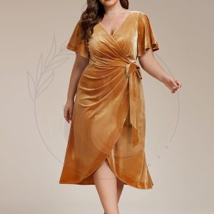 Grande taille Robe d’invité de mariage mi-longue en velours type une pièce manches courtes col en V