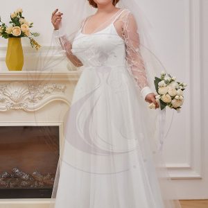 Robe de mariée trapèze en tulle grande taille à manches longues