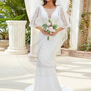 Robe de mariée sirène en dentelle à manches cloche et V profond