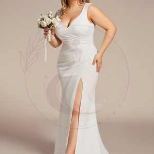 Robe de Mariée Simple Col en V Profond Grande Taille Sans Manches