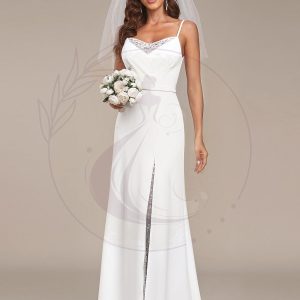 Robe de mariée fendue sur le devant en dentelle à col en V