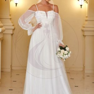 Robe de mariée maxi à épaules dénudées et manches bouffantes transparentes