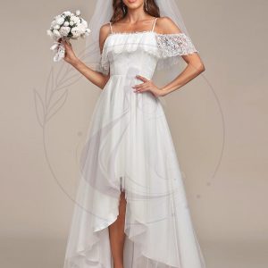 Bretelles Spaghetti Épaule Froide Robe De Mariée En Dentelle Haute Basse