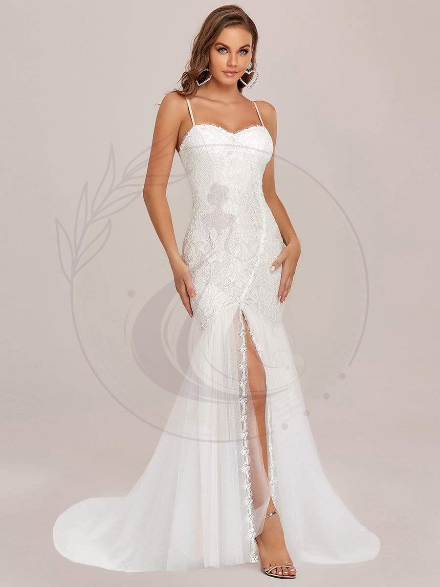 Taille personnalisée robe de mariée sirène à bretelles spaghetti chérie – Image 5