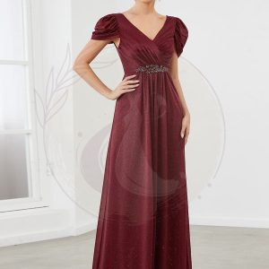 Robe mère de la mariée froncée à manches courtes avec appliques irisées