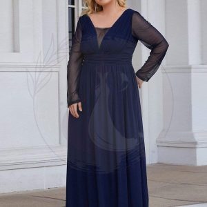 Robe de Mère de Mariée à Manches Longues et Col en V de Grande Taille