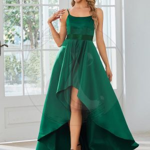 Robe de bal simple en satin haute basse avec bretelles fines