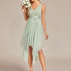 Robe demoiselle d’honneur irrégulière dentelle mousseline Col en V pour femme