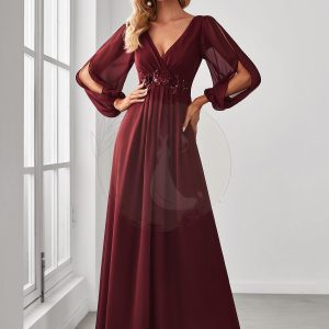 Robe de Soiree Longue Elegante Avec Lanterne en V Profond a Manches Fendues et Appliques