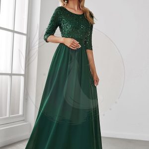 Robe de soirée élégante à encolure ronde et à manches 3/4 en patchwork de sequins