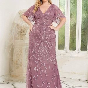 Robe de Soirée Longue Grande Taille Sirène à Pailletée à Col en V
