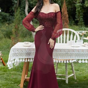 Robe de Soirée Longue Sirène à Sequins Tendance avec Manches en Tulle