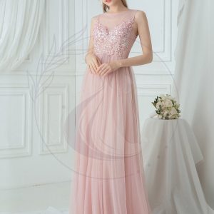 Robe Demoiselle d’Honneur Romantique à Col Rond Transparent en Tulle