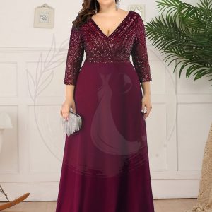 Robe de soirée à paillettes, col V, taille plus, avec manches, décolleté en A