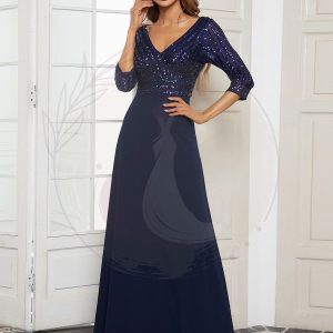 Robe de Soirée Longue Sexy à Col en V et Paillettes avec Manches 3/4