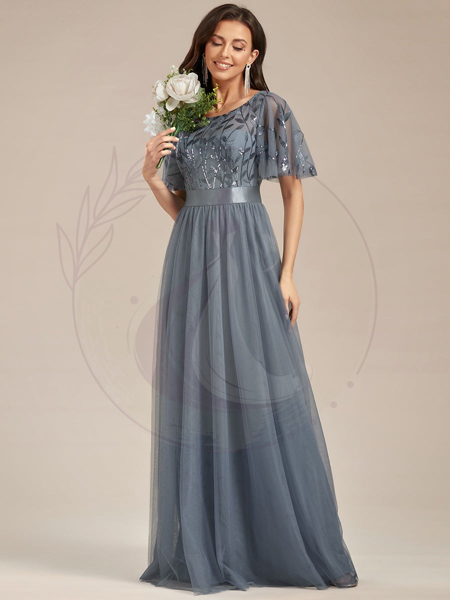 Robe de demoiselle d’honneur Brodées à manches courtes en ligne A pour femmes – Image 7