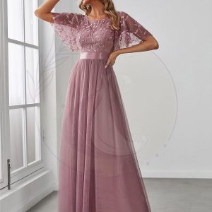 Robe de demoiselle d’honneur Brodées à manches courtes en ligne A pour femmes